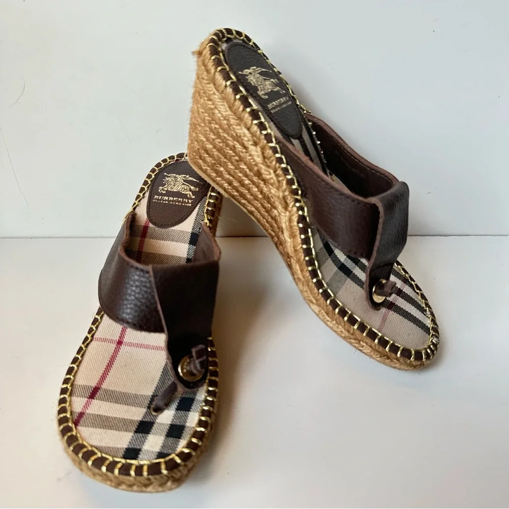 Burberry women’s Brown Leather thong Espadrille Wedge Slide sandals S:38 (7.5-8) - Picture 4 of 12